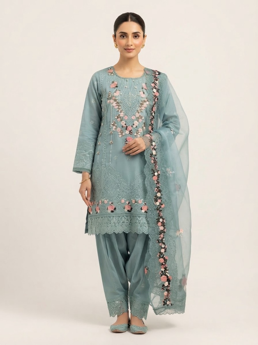 Embroidered Seafoam Green Women's Salwar Kameez and Duptta Lawn Set